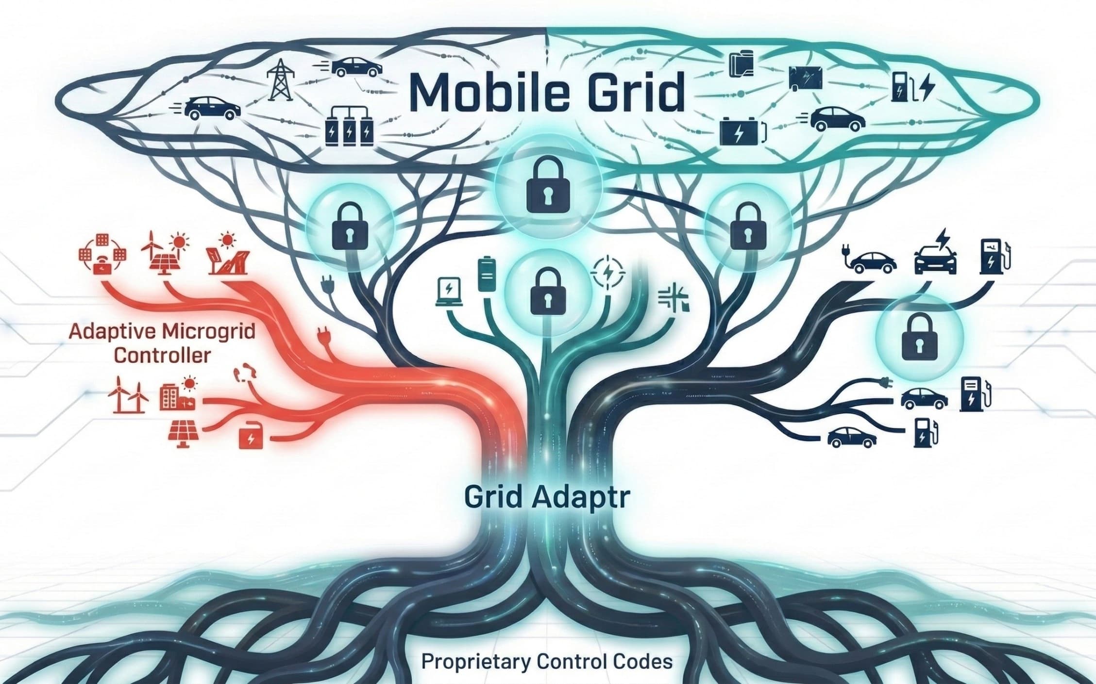 ADAPTR Technology Tree showing Proprietary Control Codes, Grid Adaptr, Adaptive Microgrid Controller, and Mobile Grid Architecture